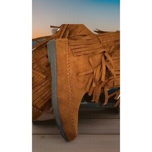 SO Boho Southwest Faux Suede Fringe Moccasin Boots Brown 7